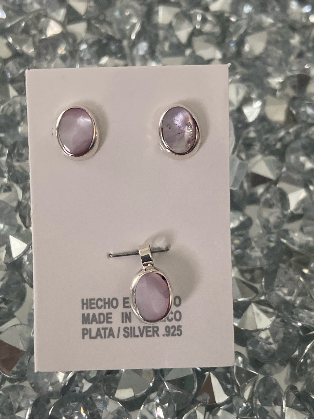 Sterling Silver 925 Pink Cat’s Eye  Stone Earrings and Pendant Set